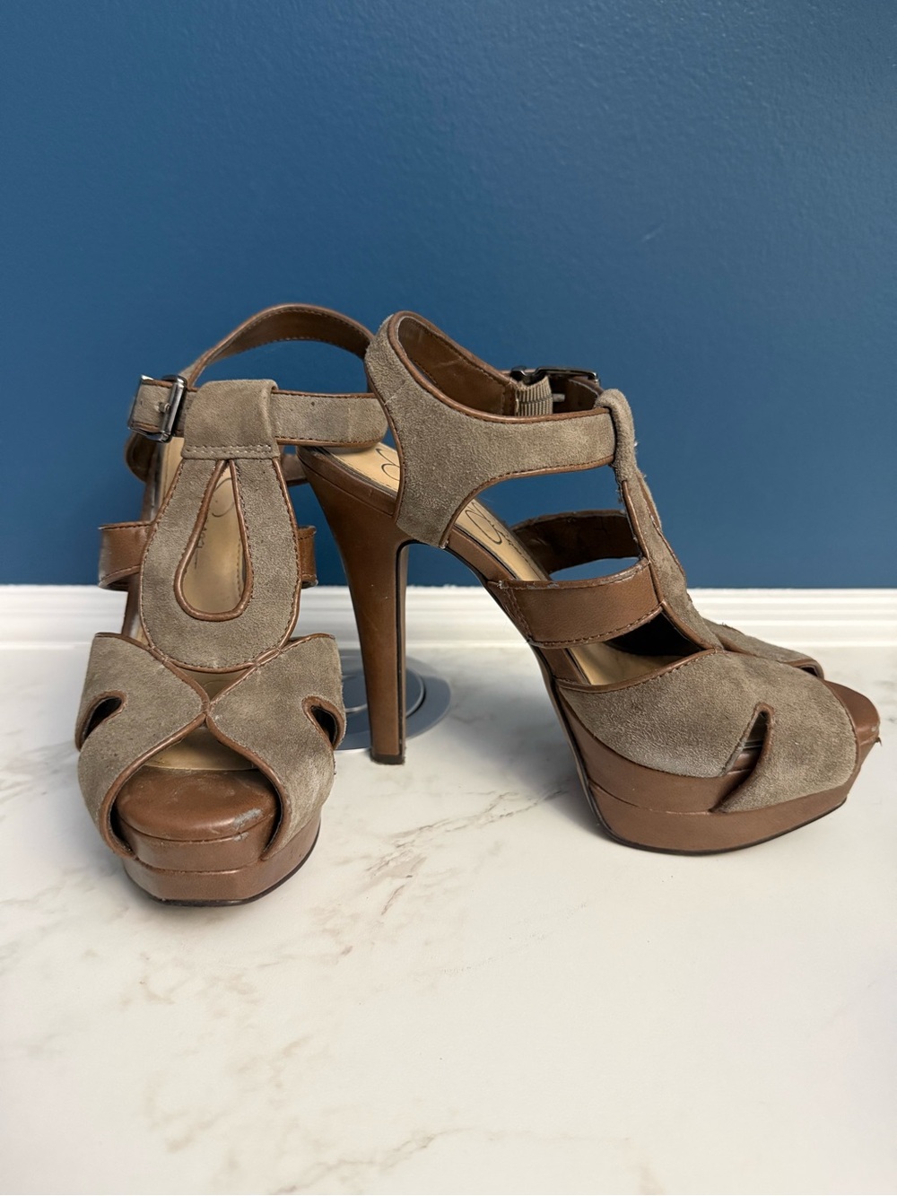 Jessica Simpson Taupe Suede Platform Heels - Strappy Open-Toe Sandals